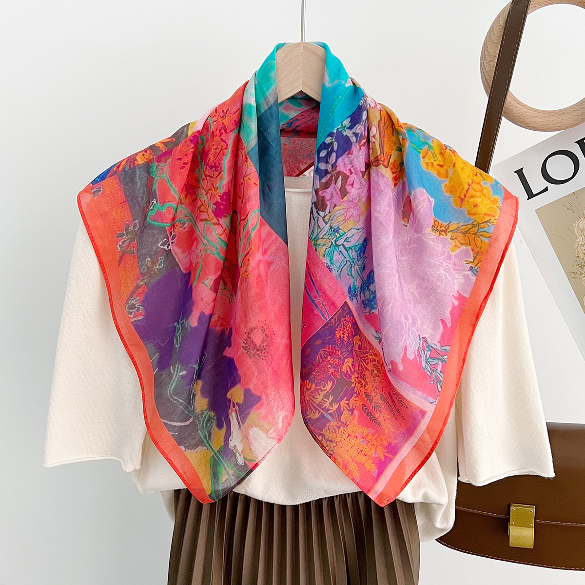 Spring and Summer New Lightweight Breathable 65*65CM Square Versatile Printed Mulberry Silk Cotton Blend Women's Fashion Scarf
