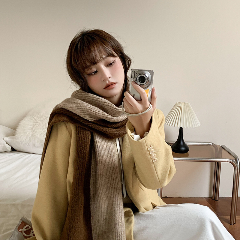 Clearance Autumn Winter Korean Style Thickened Block Versatile Solid Color Couple Warm Student Knitted Neck Scarf Shawl