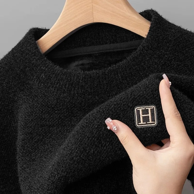 Lightweight Fleece Lined Thickened Sweater Men's Long Sleeve Knit Pullover Sweater Autumn Winter Thermal Warm Classic Sweater 260920 - view 4