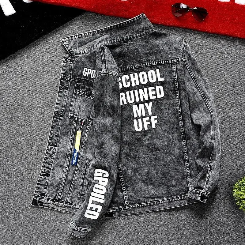 Jeans Coat for Men Hip Hop with Print Ripped Button Black Hole Denim Jackets Man Size L Large Lxury Worn Cowgirl Fast Delvery G 260923 - view 6