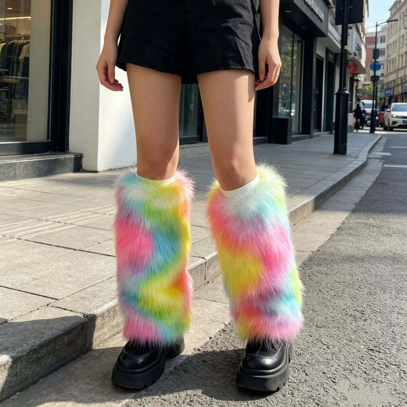 Women Rainbow Fluffy Faux Fur Leg Warmers Y2K Colorful Plush Long Boot Cover Rave Festival Cosplay Leg Socks 260924 - view 7