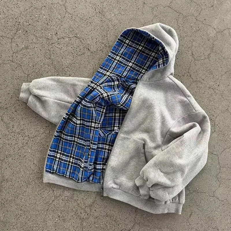 Reversible Zip Up Hoodie Plaid Pattern Cropped Long Sleeve Loose Fit Y2K Streetwear Casual Sweatshirt 260924