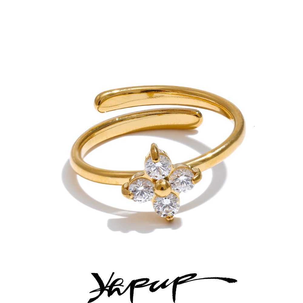 Rings Yhpup Exquisite Stainless Band Steel Bling Cubic Zirconia Flower Adjustable Ring for Women Fashion Shiny Finger Jewelry New N260924 - view 3