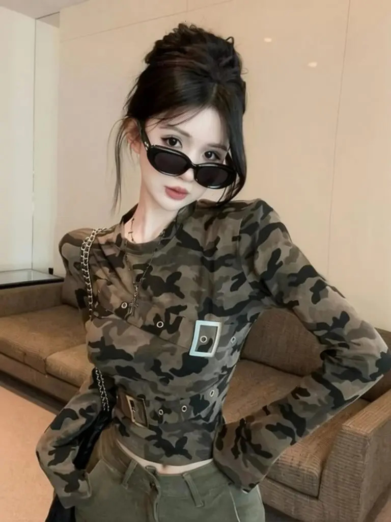Tactic Camo Long Sleeve T-Shirts Women Autumn Coquette Sexy Y2K Top Belted Trendy Fashion Oversized Fitted Basic Tees 260920
