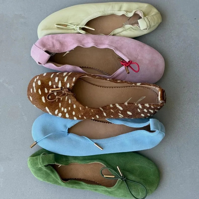 HighQuality Soft Leather Ballet Flats Women Bow Tie Detail RoundToe SlipOn Loafers Comfortable Soft Soles Suede Casual Shoes 260924