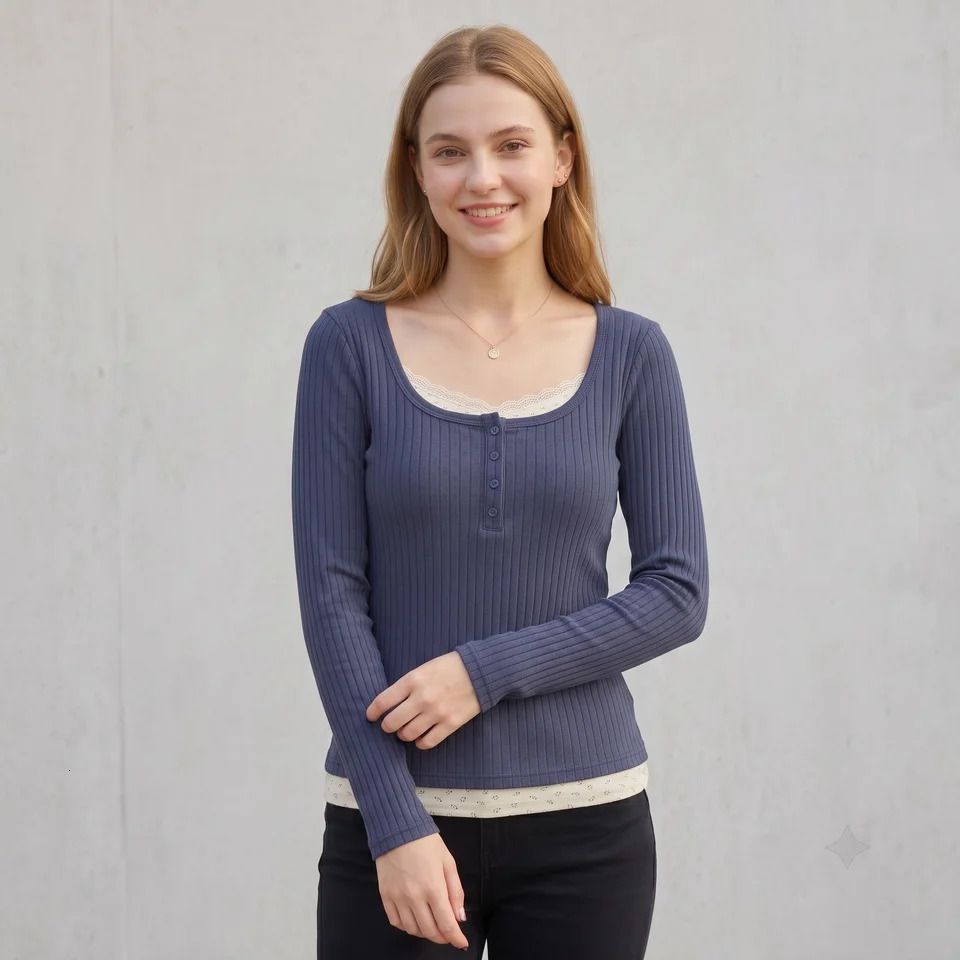 Women Vintage Faux Two-Piece Lace Patchwork T-Shirt Ribbed Knit Long Sleeve Top Square Neck Button Slim Y2K Casual Fall Tee 260920