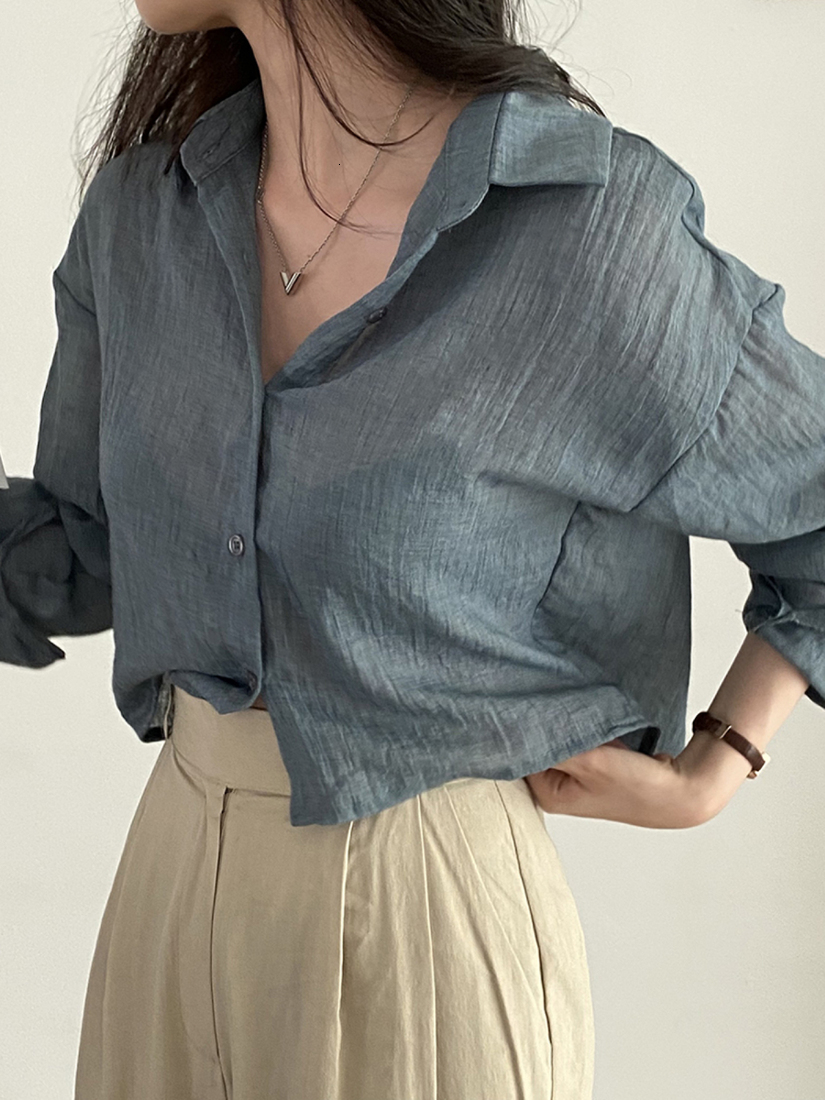 Summer Chic Sun Protection Thin Long Sleeve Shirt Women's Collared Fold Design Casual Straight Cut Pure Color Button up Top - view 5