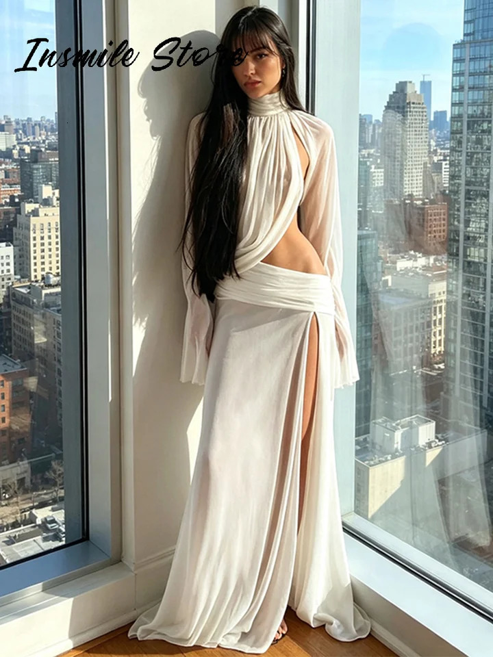 Sexy Womens See Through Top Long Skirt Set Hollow Out Halter Full Sleeve Top Pleated Slit Skirts 2026 Summer Lady Beach Suit 260922 - view 3