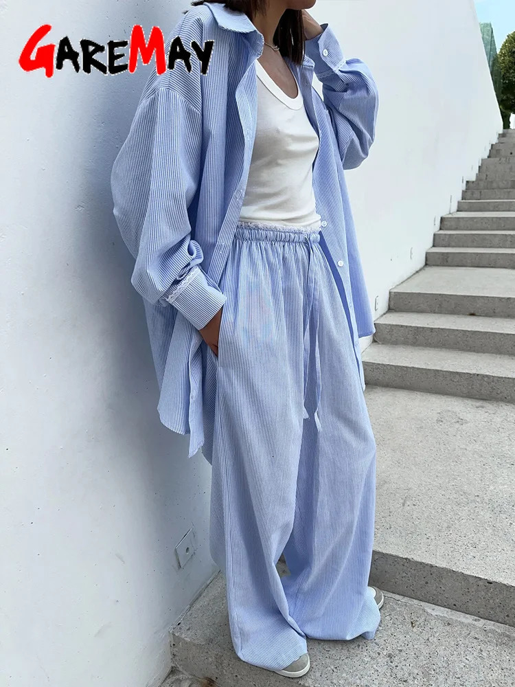Women's Summer Suit with Trousers and Shirt Cotton Classic Two-piece Suit Female Long Sleeve Shirt Pink Striped Suit for Women 260922 - view 5