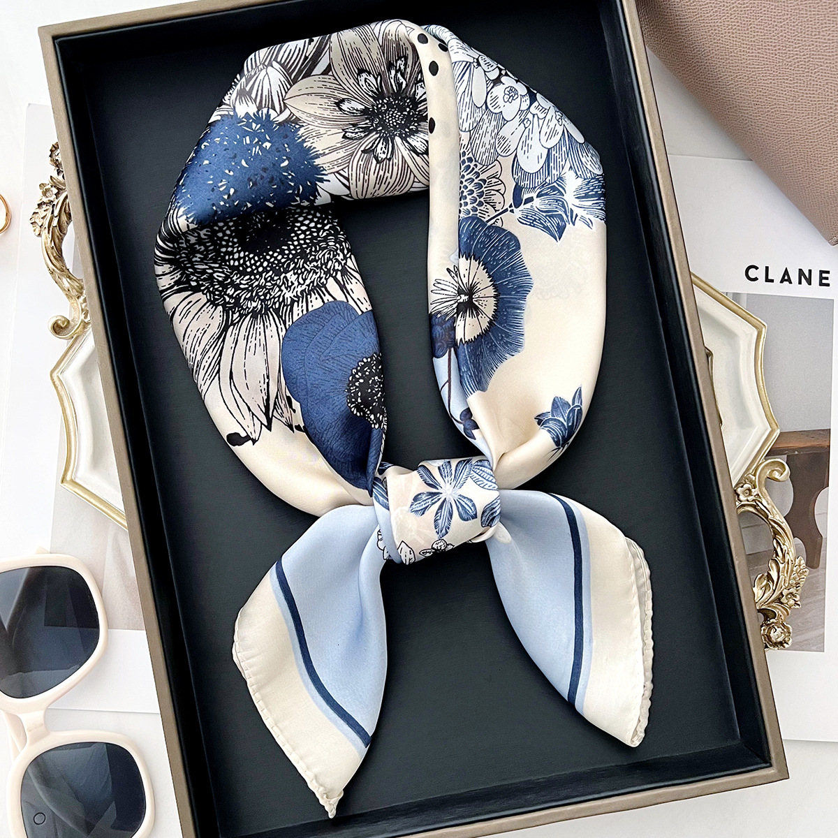Chinese-style floral print silk versatile and elegant shawl, perfect for sun protection, can be worn around the neck, small square scarf, or as headsc - view 4