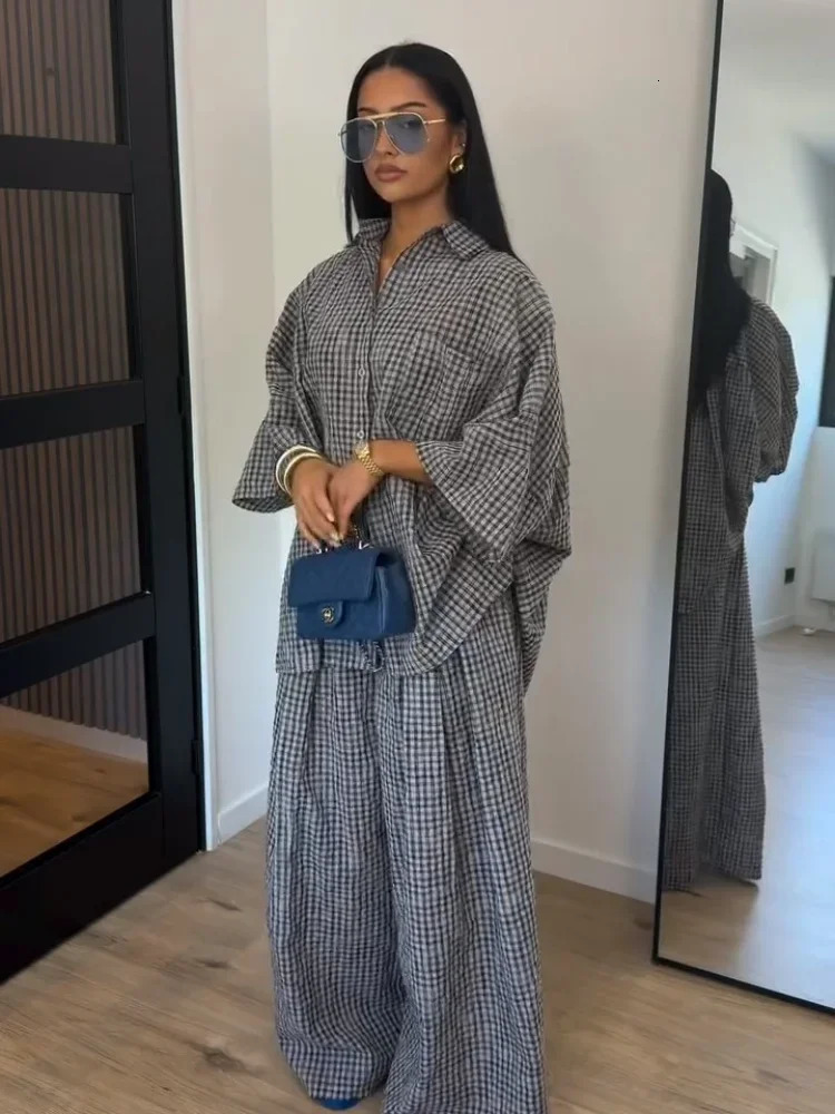 Loose Plaid Shirt Pants Two-piece Set Three Quarter Sleeve Oversize Blouses Wide Leg Pants Suit 2026 Fashion Women Casual Sets 260922 - view 3