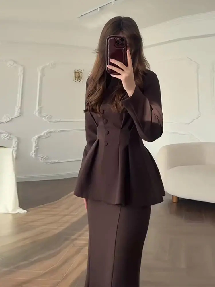 Chic Single Breasted Women s Skirt Suit Vneck Waist Cinching Full Sleeve Top High Waist Skirts Female Outfit Summer Lady Sets 260922 - view 7