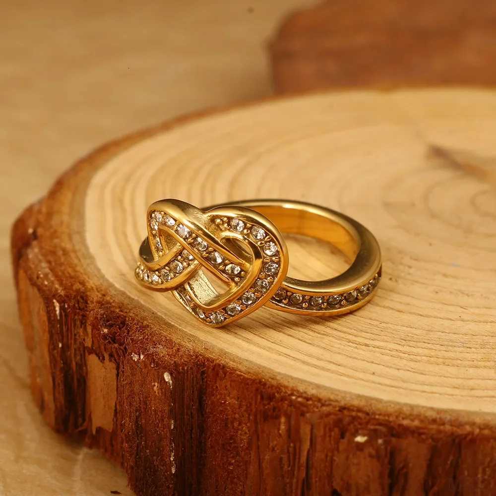 Stainless Minimalist Band Steel Rings Heart Love Hollow Ring for Women Inlaid Zircon Rings Gold Color Waterproof Romantic Fashion Jewelry N260924 - view 4