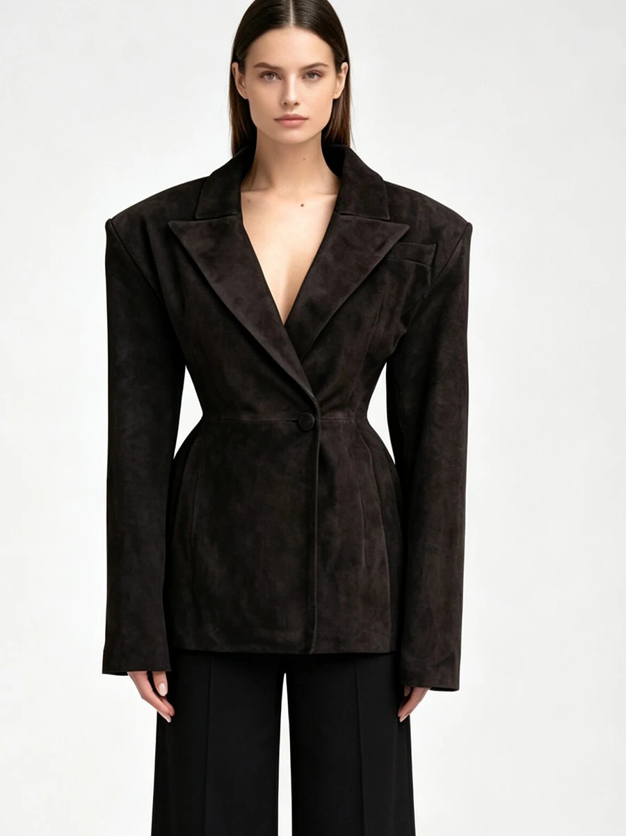 LIMO Women Dark Brown Suede Lapel Blazer Single Button Waist Tailored Slim Fit Pocket Long Sleeve Retro Elegant Casual Jacket 260924 - view 7