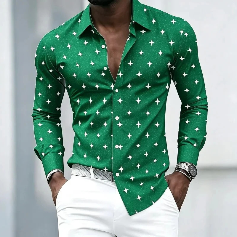 Men's Collared Long-Sleeved Shirt Classic Black Base with White Star Print Slim Fit Suitable for Commuting and Going out. 260923 - view 7
