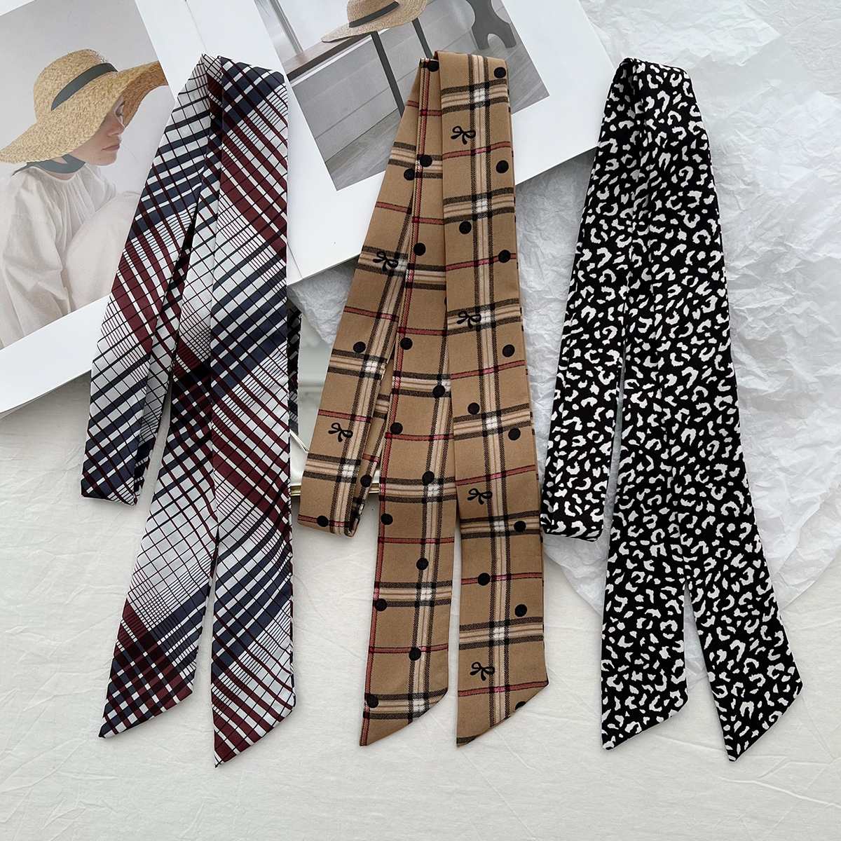 Long Strip High-End Feel Ins French Thin Narrow Neck for Women Korean Style Outfit Silk Scarf Polka Dot Plaid Print Ribbon