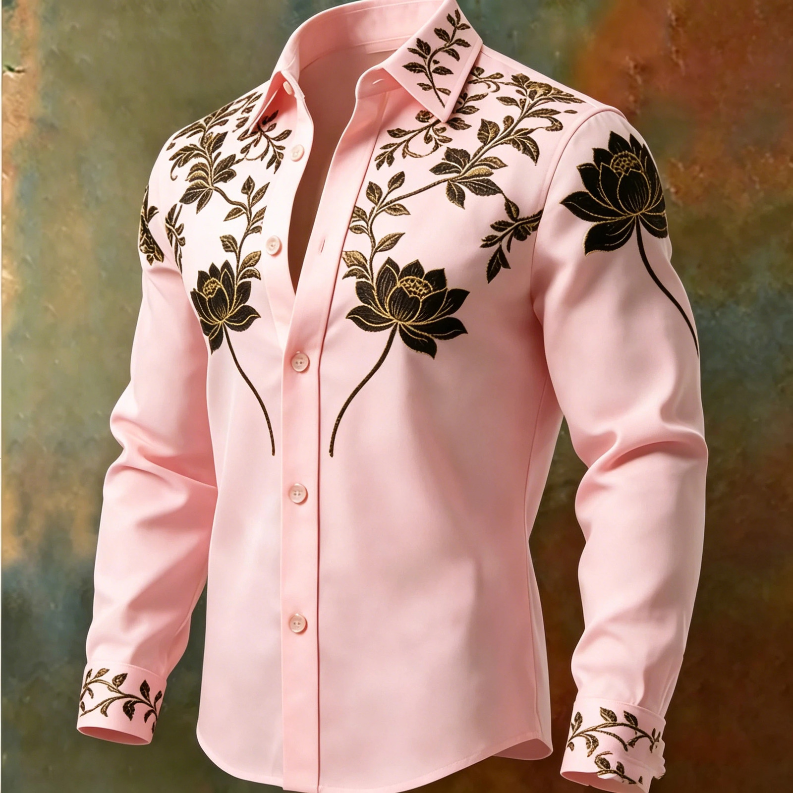 Men's y Gold Thread Lotus Embroidery Long Sleeved Shirt with Satin Texture Lapel Button Casual Formal Shirt 260922