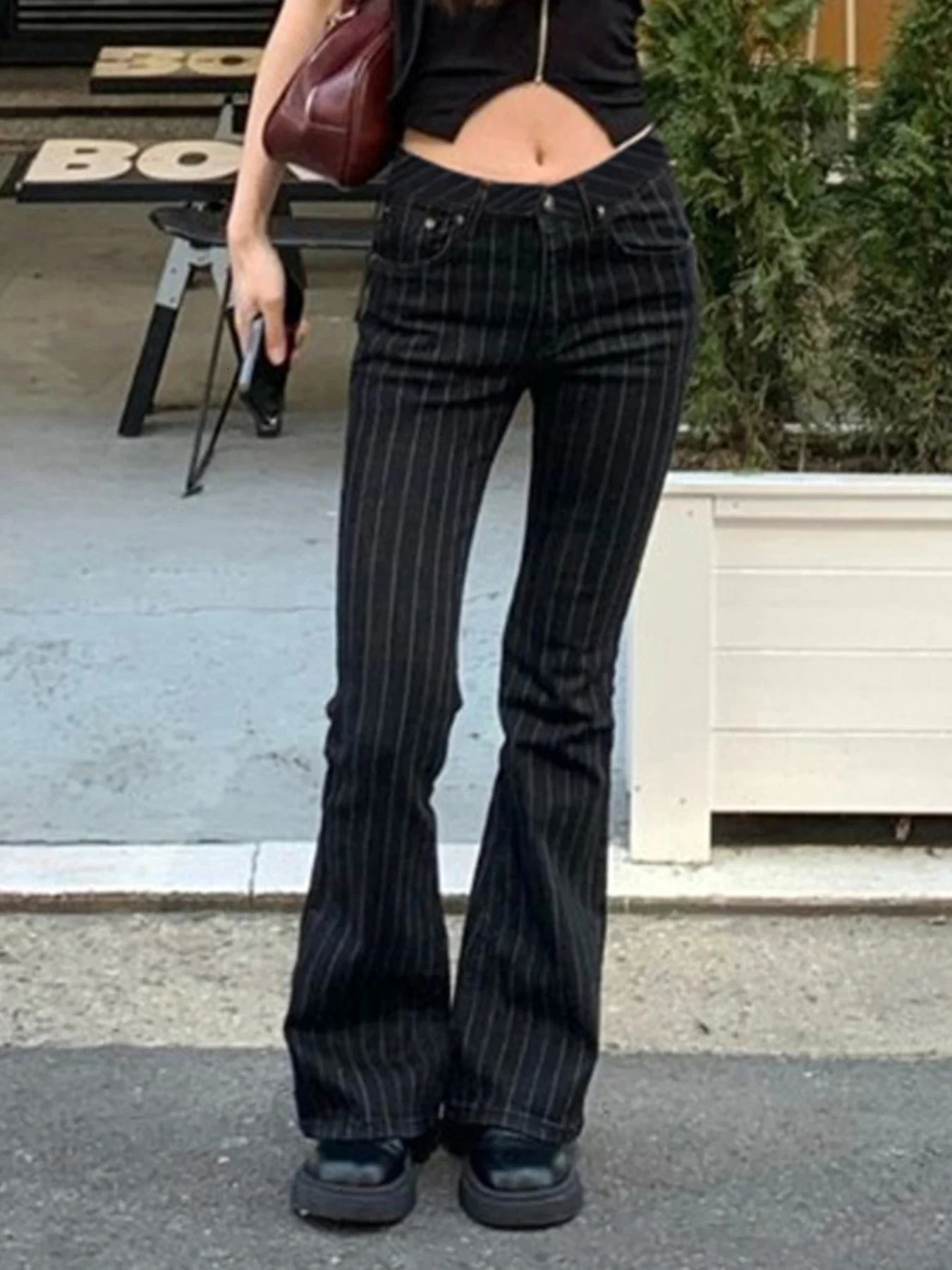 FDEY Stripe Slim Vintage Chic Jeans Zipper Pockets Fashion Low Waisted Button 90s Pants Streetwear All-match For Women 260922 - view 3