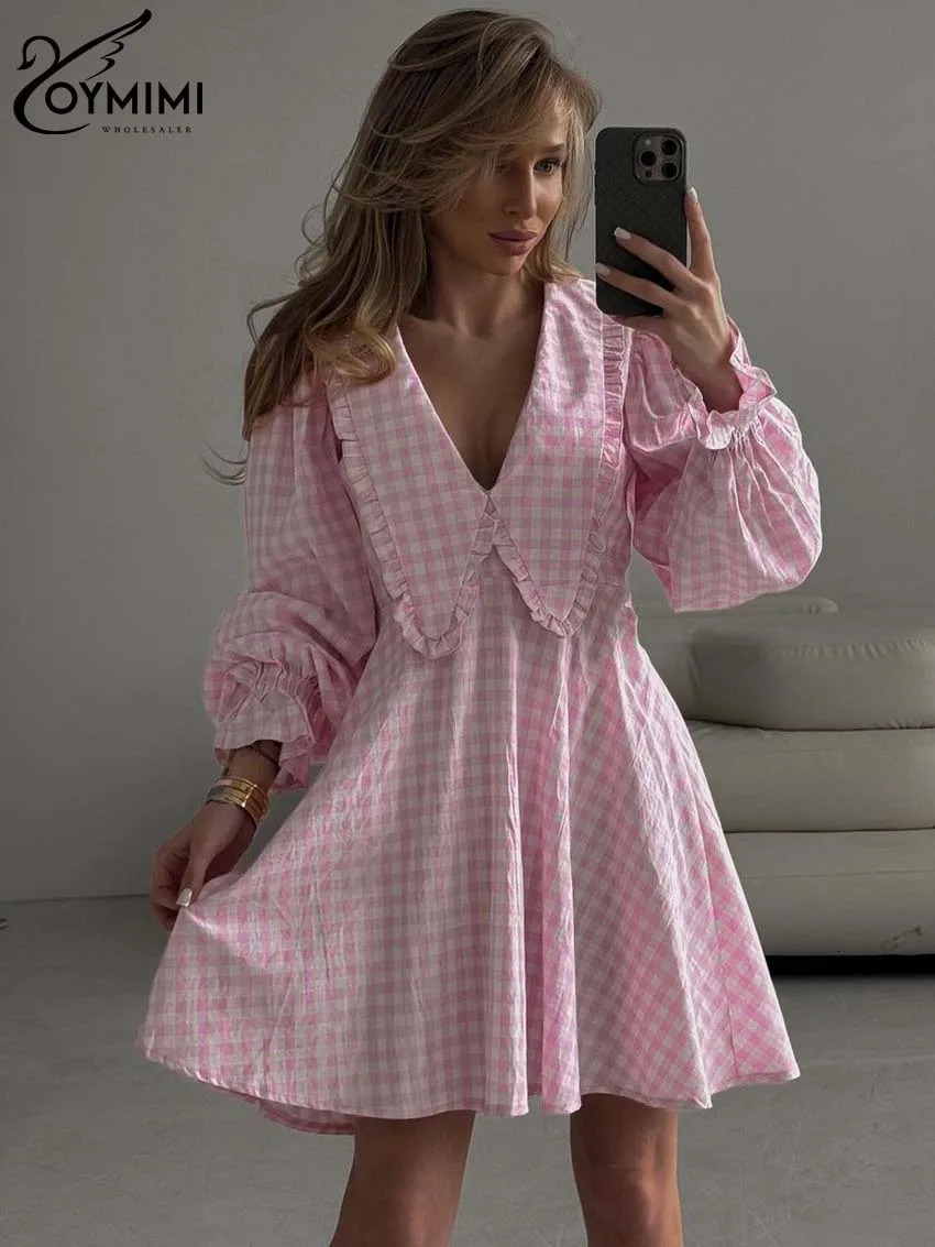 Oymimi Elegant Pink Print Womens Dresses Fashion Peter Pan Collar Long Sleeve Dresses Casual Loose Mini Dress Female Streetwear 260922