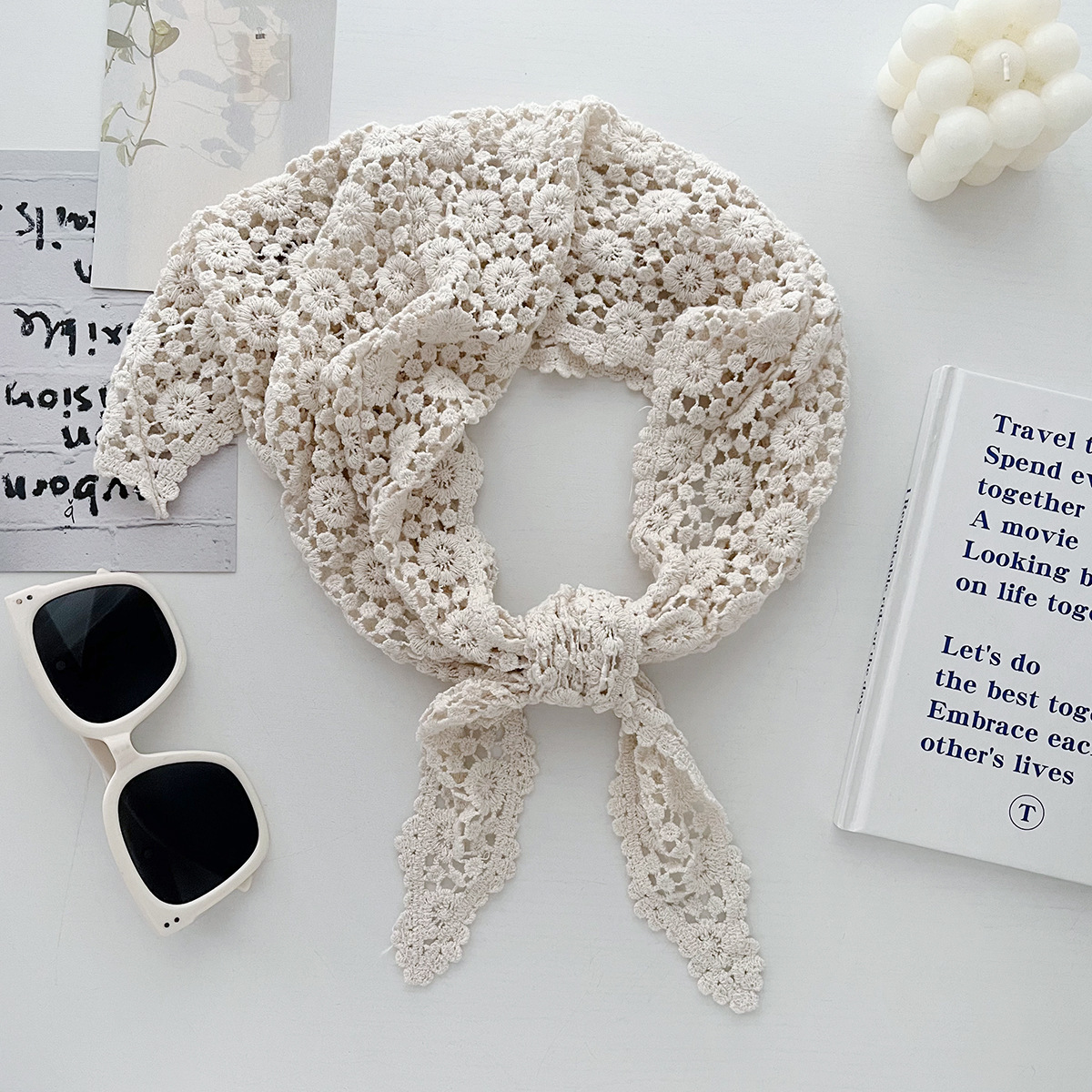 2026 Spring New Collection: Lace Solid Color Triangle Scarf with Hollow-Out Print, French-Style Delicate Headscarf, Women's Travel Scarf, Shawl - view 5