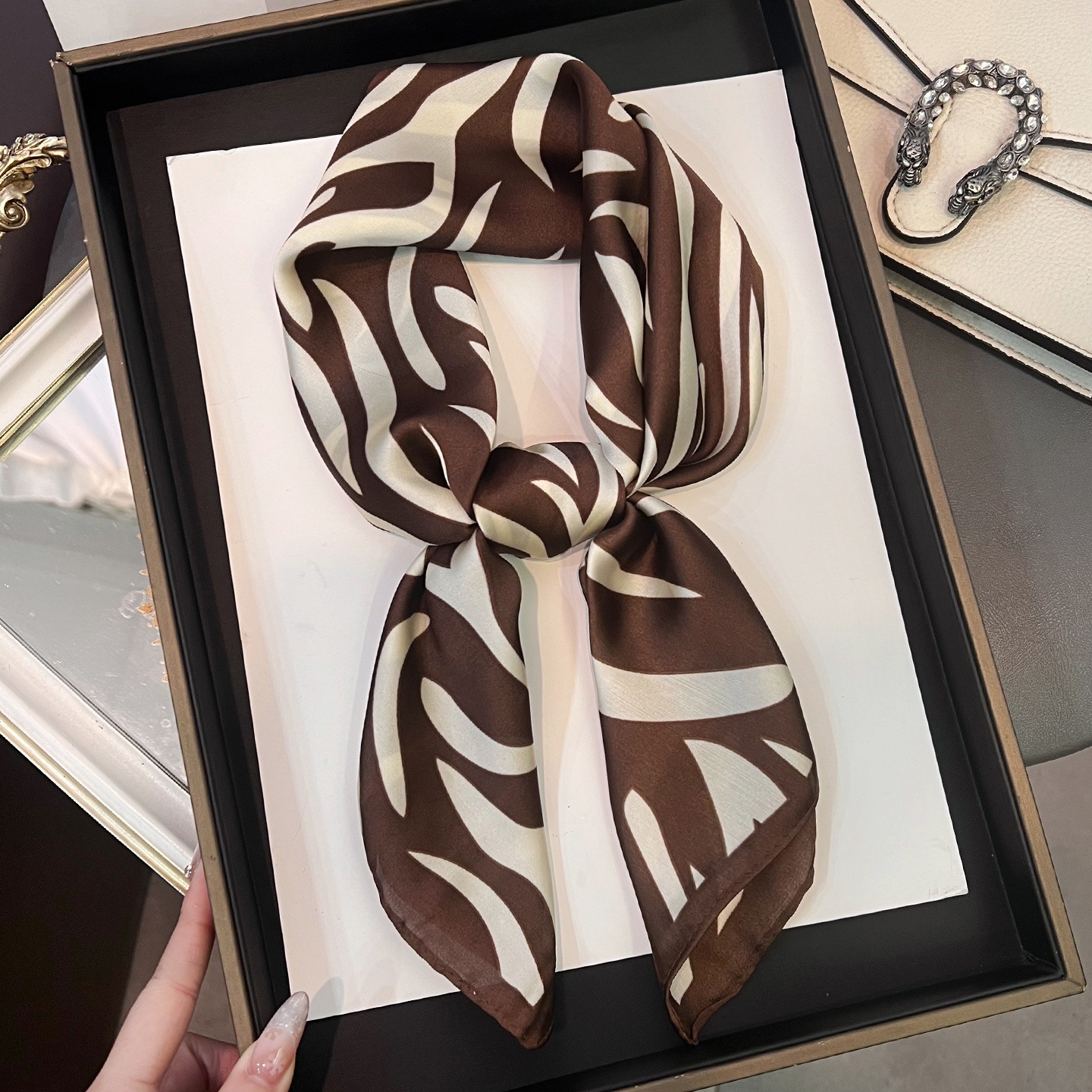New European American zebra-patterned faux silk scarf, square scarf for women, versatile, light luxury, sun-protective shawl and headscarf