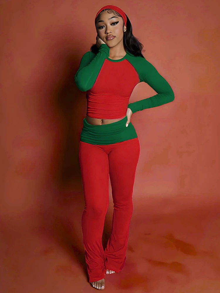 Nibber Christmas Party 2Piece Set Woman Contrast Patchwork oNeck Full Sleeve Crop TopsHigh Waist Long Pant Casual Fashion Suit 260924 - view 3