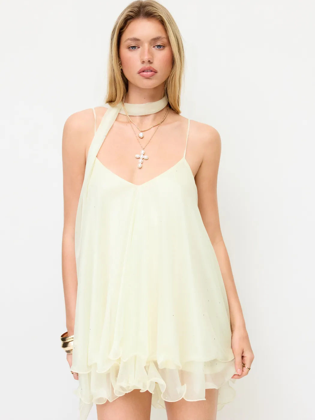 European American cross-border bestseller: shimmering chiffon strap-neck with ribbons ruffles, loose-fitting short dress for dates and parties - view 4