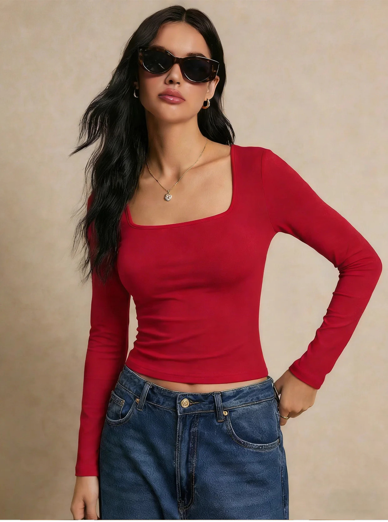 Women's long-sleeved shirt exposed top autumn fashion solid color square collar basic T-shirt Y2k clothing 260920