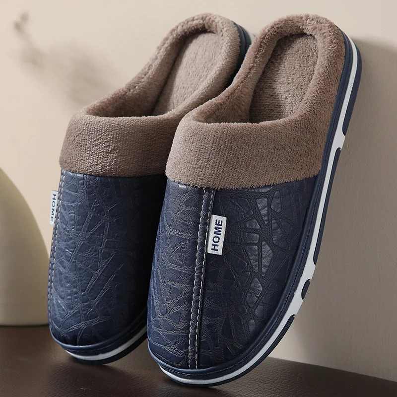Mens Winter Slippers PU Leather Waterproof Indoor House Shoes Big Size Warm Fur Lined Home Bedroom Slippers 260918 - view 5