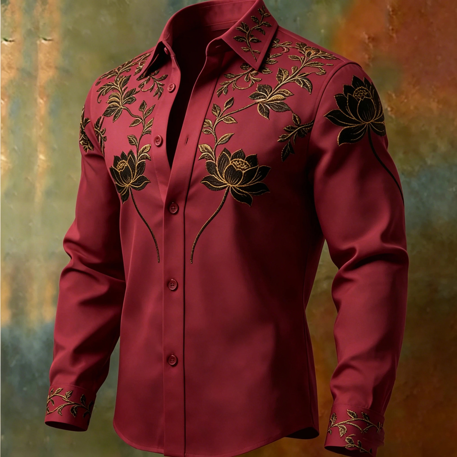 Men's y Gold Thread Lotus Embroidery Long Sleeved Shirt with Satin Texture Lapel Button Casual Formal Shirt 260922 - view 3