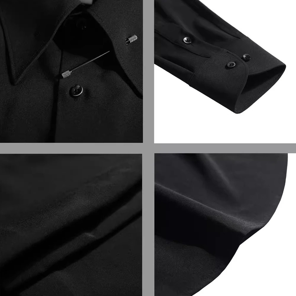 Men Business Shirt Long Sleeve Solid Black White Formal Dress Shirt Slim Metal Pin Collar n Office Work Wear Male Camisa 260922 - view 4
