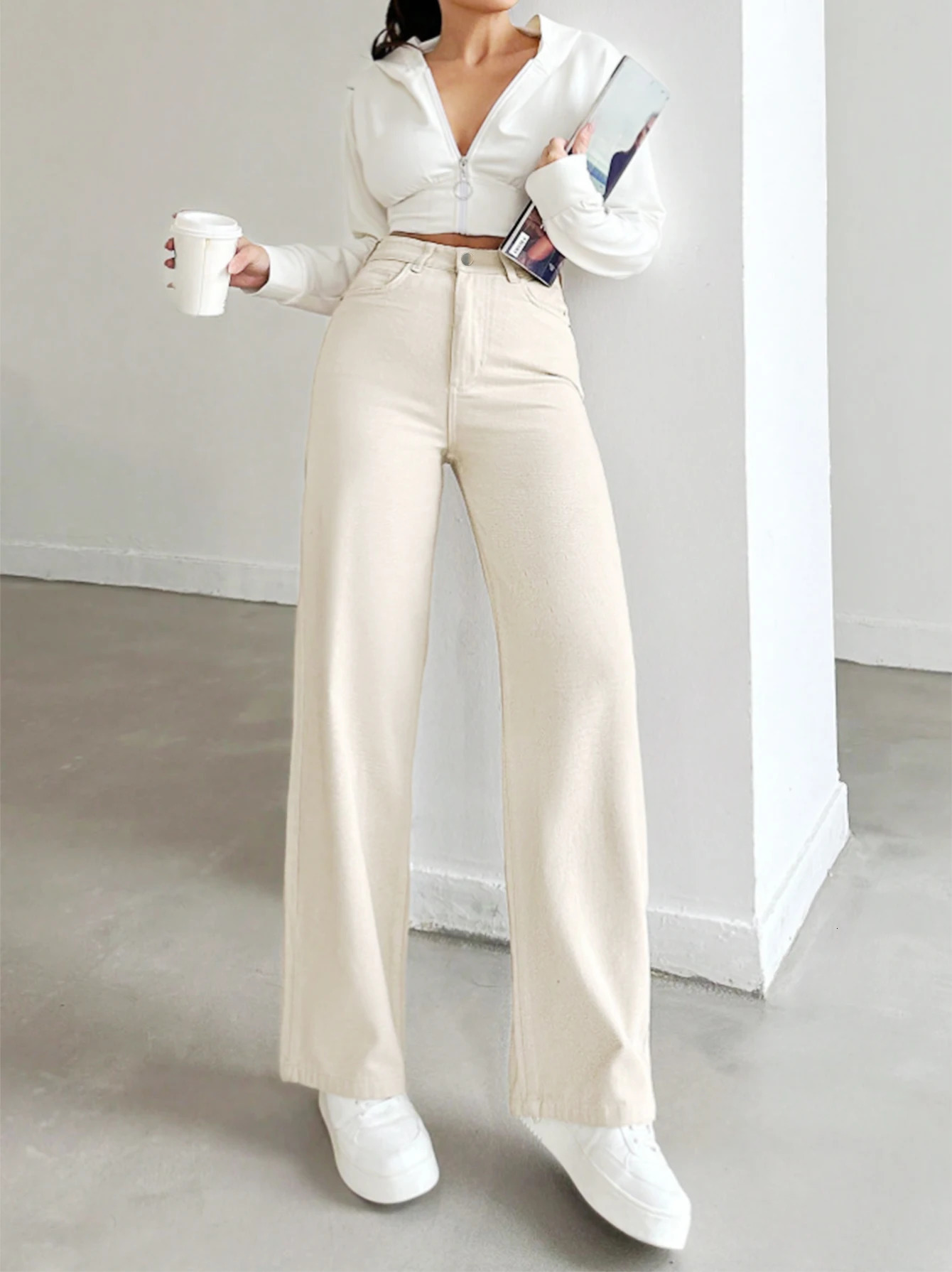 Women's autumn jeans made of cotton denim in a beige apricot color straight-leg slim fit high-waisted elastic waistband 260922 - view 6