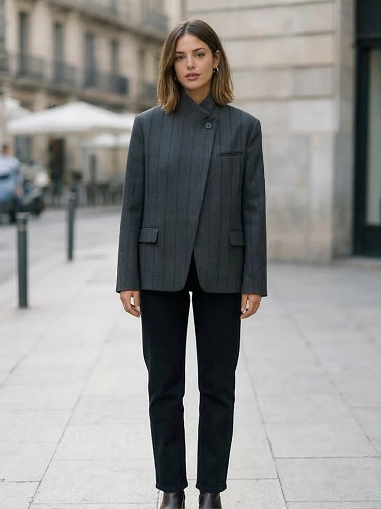 Willshela Women Fashion Solid Single Button Blazer Vintage Long Sleeves Half High Neck Female Office Lady Outfits 260924 - view 5