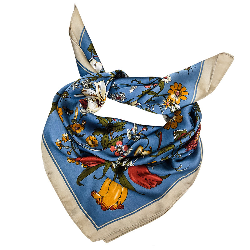 Color-blocked 70cm square scarf, fashionable new design, made of faux silk with floral patterns, simple and lightweight, a small scarf or neckerchief - view 6
