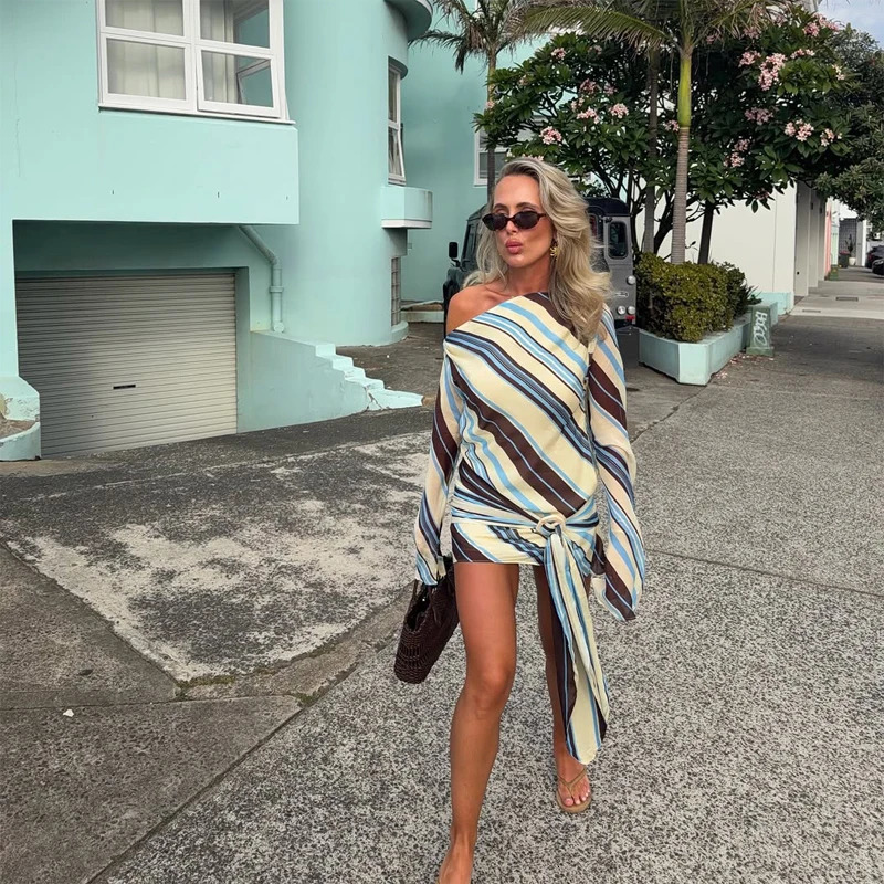 Linen-feel Vertical Stripe Long Sleeve Wrap Maxi Dress V Neck Asymmetrical Hem Vacation Dress Suitable For Daily Commute Wear 260922 - view 5