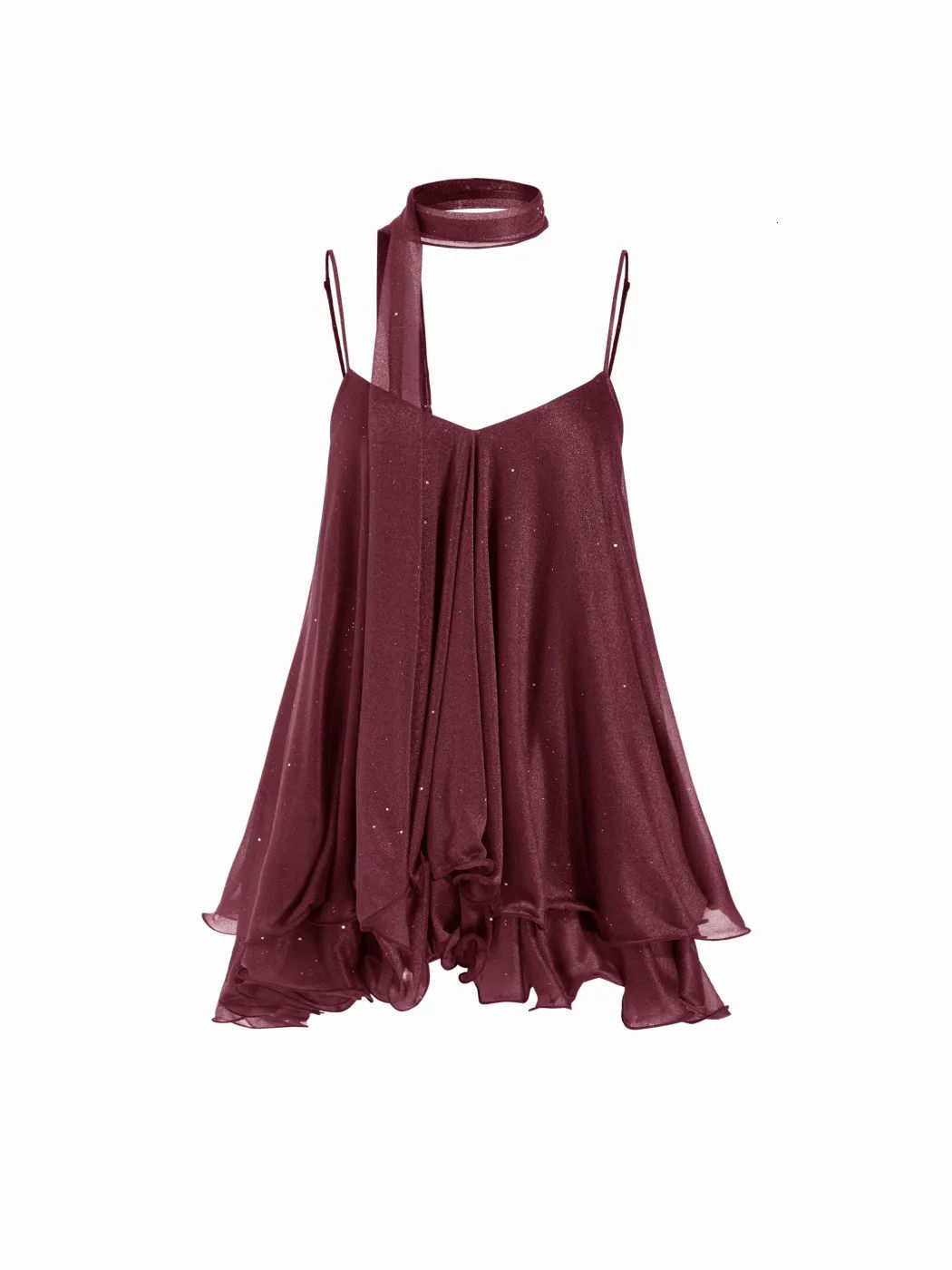 European American cross-border bestseller: shimmering chiffon strap-neck with ribbons ruffles, loose-fitting short dress for dates and parties - view 9