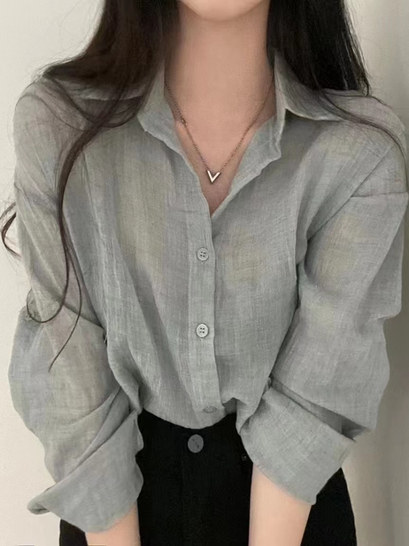 Summer Chic Sun Protection Thin Long Sleeve Shirt Women's Collared Fold Design Casual Straight Cut Pure Color Button up Top - view 4