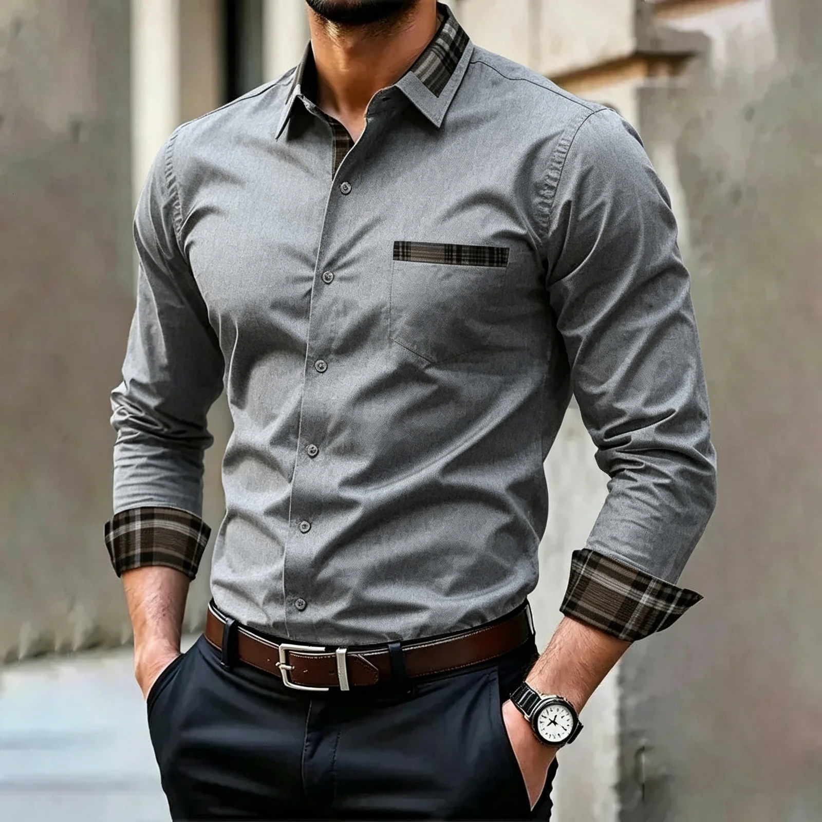 Men's Business Casual Shirt Plaid Patchwork Long Sleeve Dress Shirt Slim Fit Button Down Formal Office Blouse for Men White Red 260922 - view 7