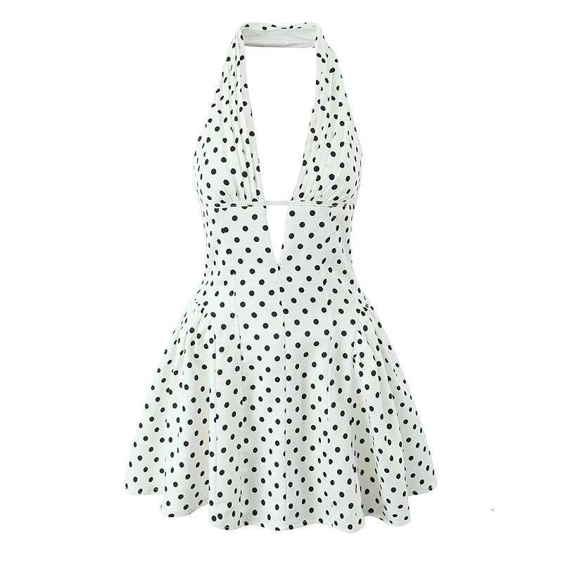 YENKYE French Style Retro Polka Dot Deep V Halter Dress Women Sexy Backless A-line Slim Sweet Elegant Mini Dresses Summer Robe 260922