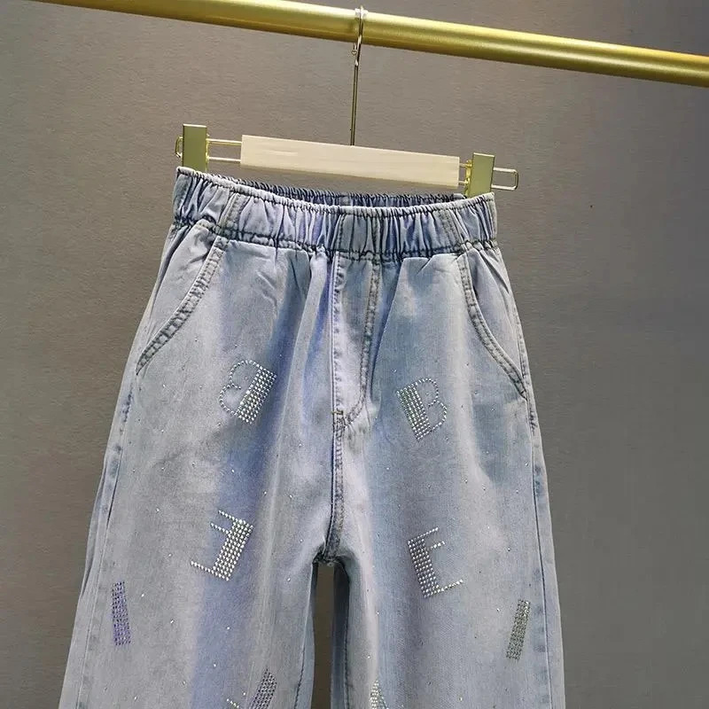 High waisted Jeans For Summer 2026 Loose Elastic waist pressed Diamond Pants Womens Casual Denim Trousers 260924 - view 7