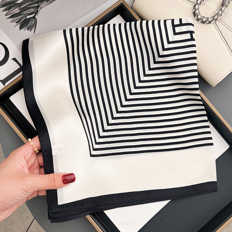 Yang Caiyu's same style striped versatile for bag decoration, formal wear, French-style neck scarf, spring and autumn mulberry silk square scarf - view 3