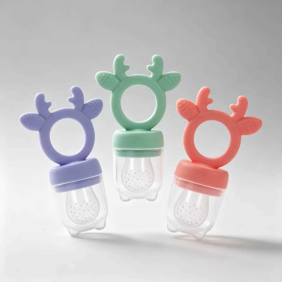 Feeding Other Baby BPA Free Baby Fruit Food Feeder with Dust Cover Deer Silicone Teething Nibbler 3 Colors Toddler Vegetable Feeding Pacifier Teether  - view 8