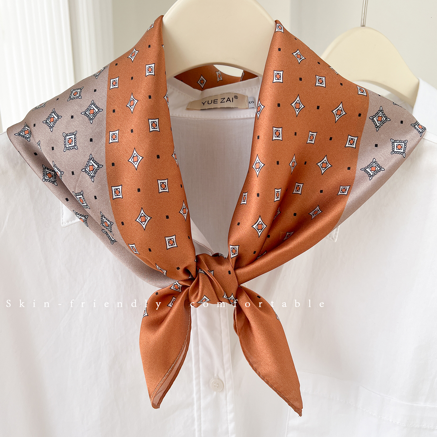 100% mulberry with color-blocked print, 70cm square for women, geometric design, light luxury style, fashionable and versatile silk scarf - view 3