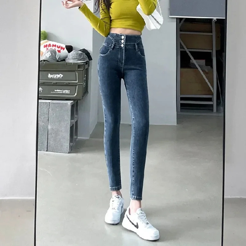 Women's High Waist Stretch Jeans Blue Black Gray Fashionable and Versatile Multi-button Slim Denim Long Pants Female 260922 - view 6