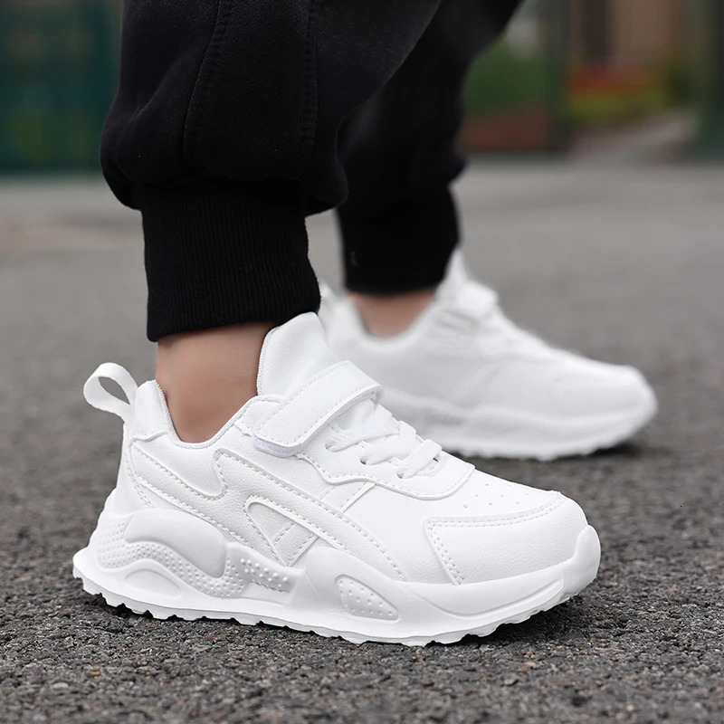 White Children's Leather Casual Shoes Boys Girls Outdoor Sports Running Sneakers Breathable Kids School Walking Non-Slip Tennis 260920 - view 3
