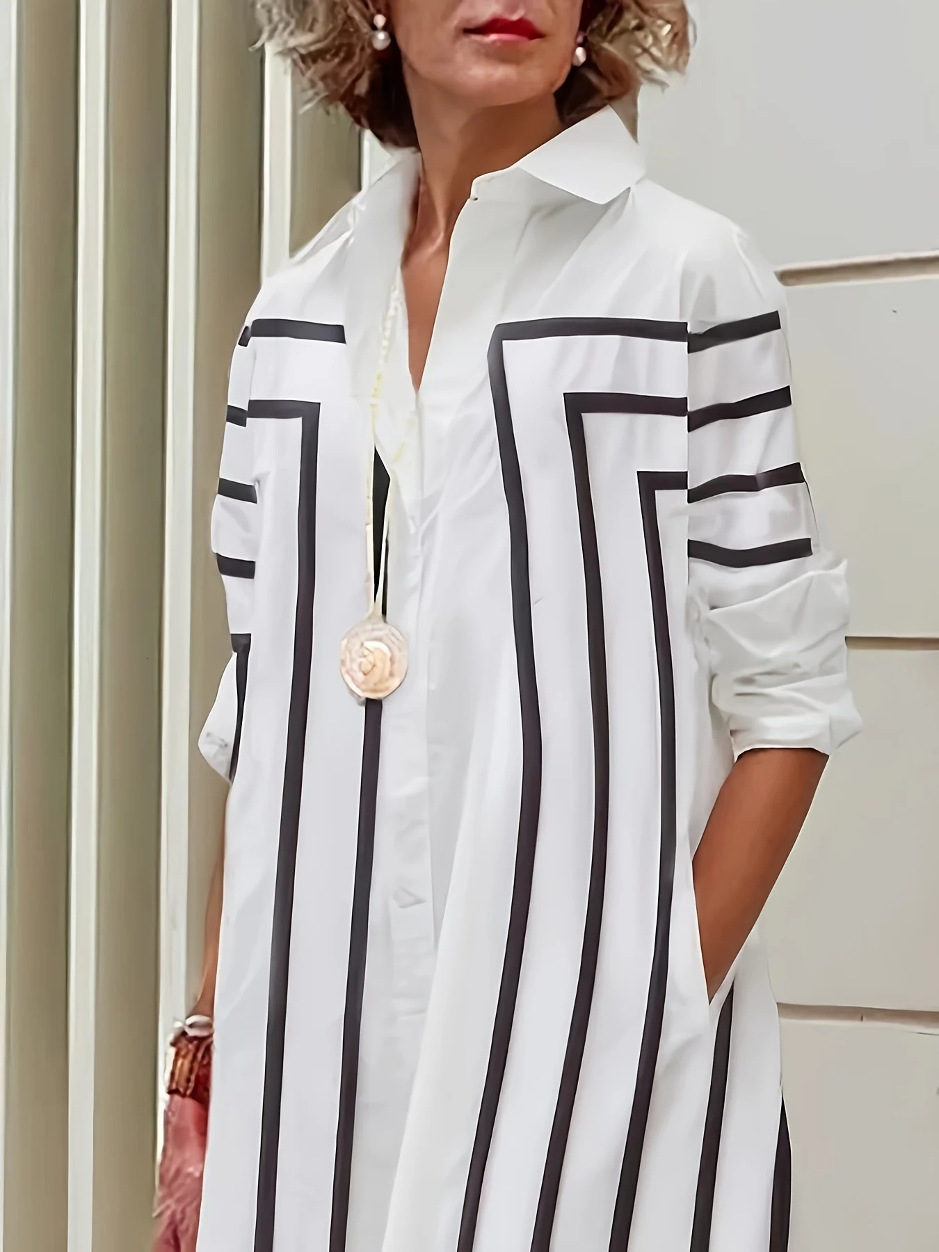 Women's Casual Striped Button Loose Fit Knee-Length Short Sleeve Black White Vertical Stripes for Spring Summer Fall 260922 - view 4