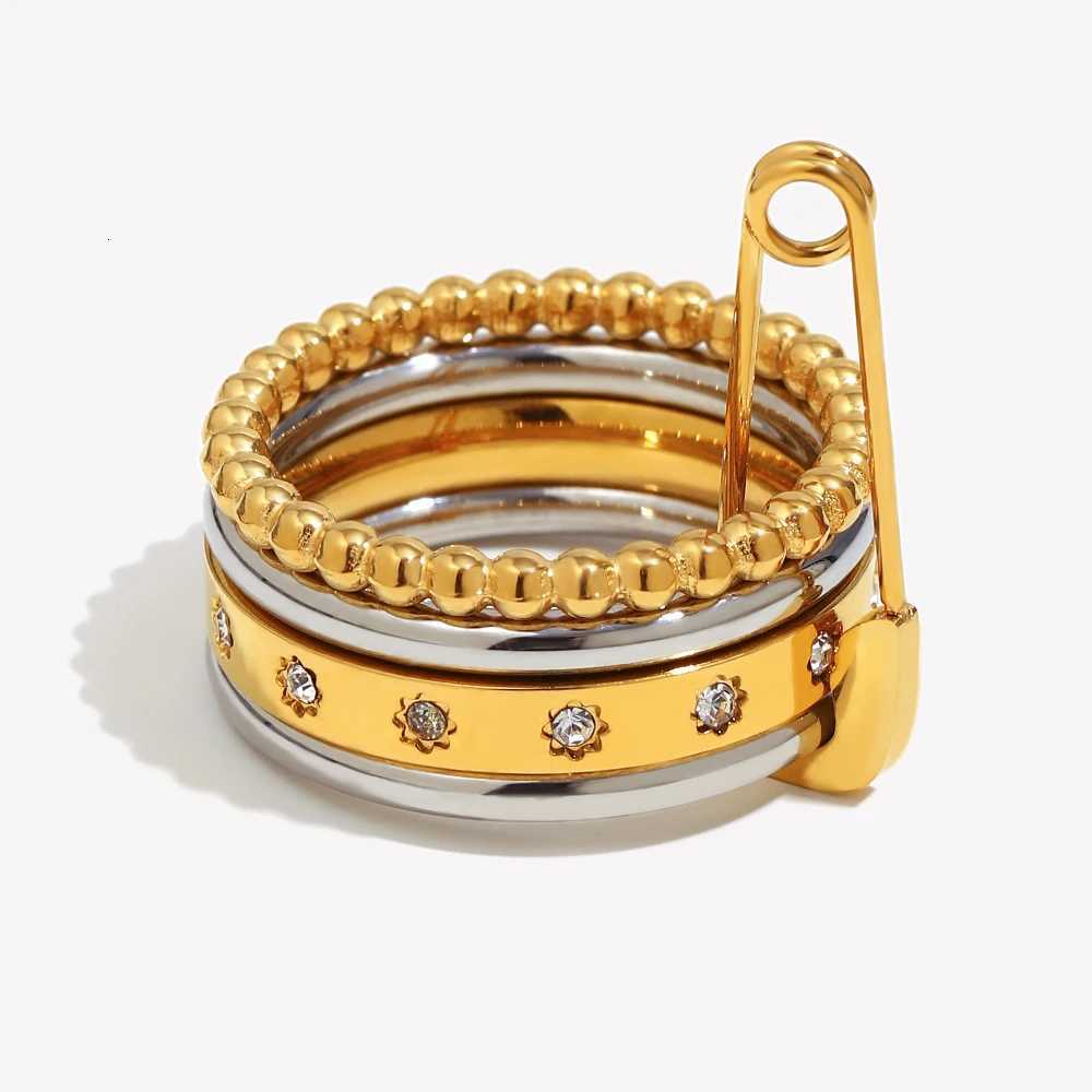 Trendy E.B.belle Band Paper Rings Clip Double Color Four Layers Star Zircon Ring Women Stainless Steel 18K Gold Plated Statement Jewelry N260924 - view 6