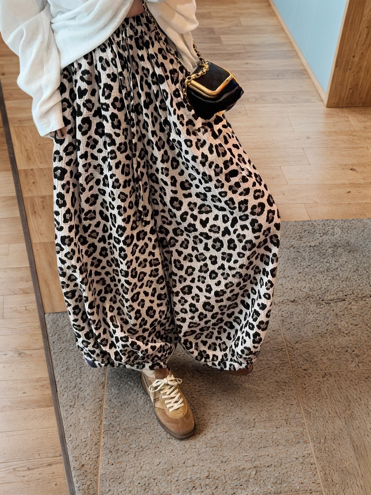 European and American cross-border foreign trade hot-selling leopard print cropped wide-leg pants, fashionable, loose, casual, breathable, high-qualit