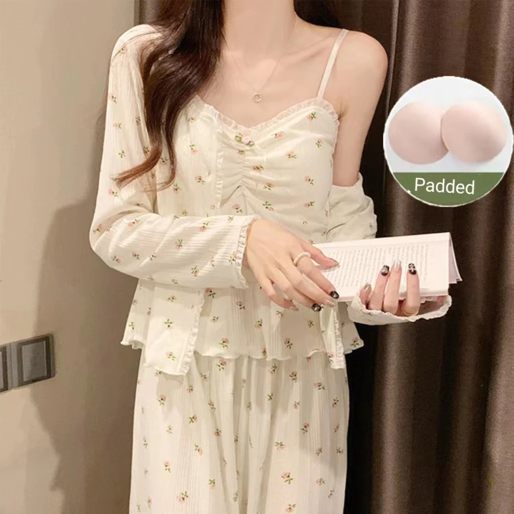 Pajamas Female Long-Sleeved Spring And Autumn Suspenders Trousers Three-Piece Set With Cushion Sweet Pajamas Homewear Suit 260922 - view 4