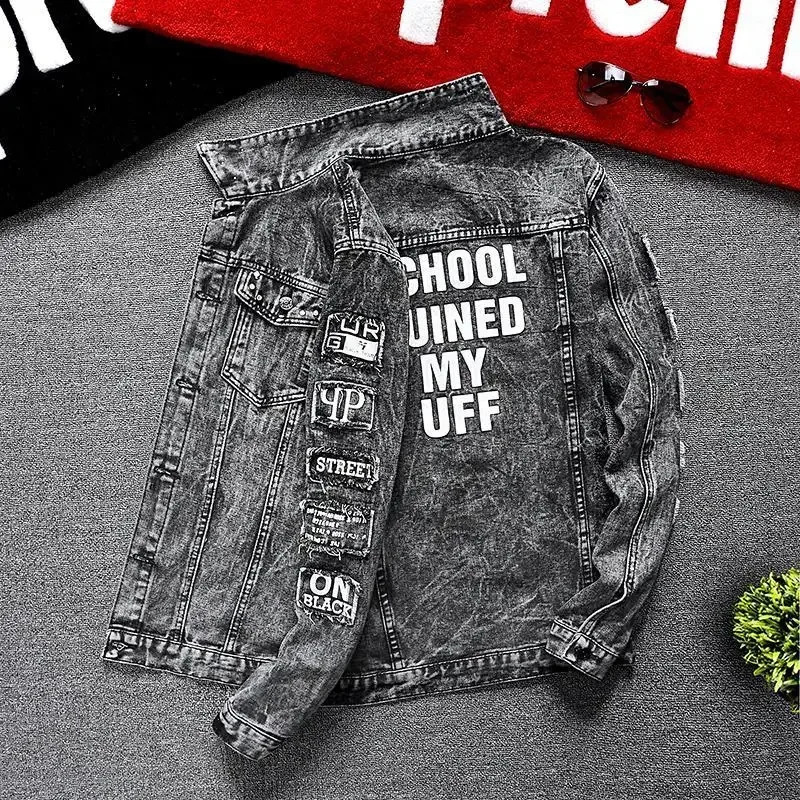 Jeans Coat for Men Hip Hop with Print Ripped Button Black Hole Denim Jackets Man Size L Large Lxury Worn Cowgirl Fast Delvery G 260923 - view 3